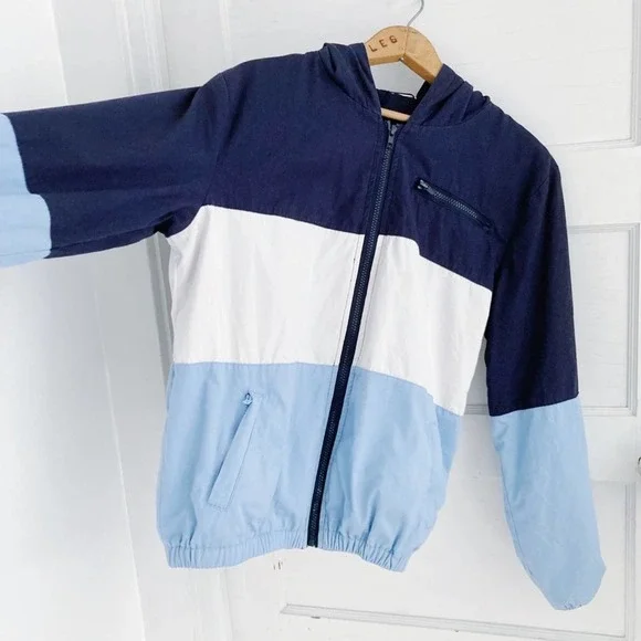 Vintage Navy Blue and Light Blue Color Block Cotton Zip Up Jacket with Hood - Picture 3 of 11